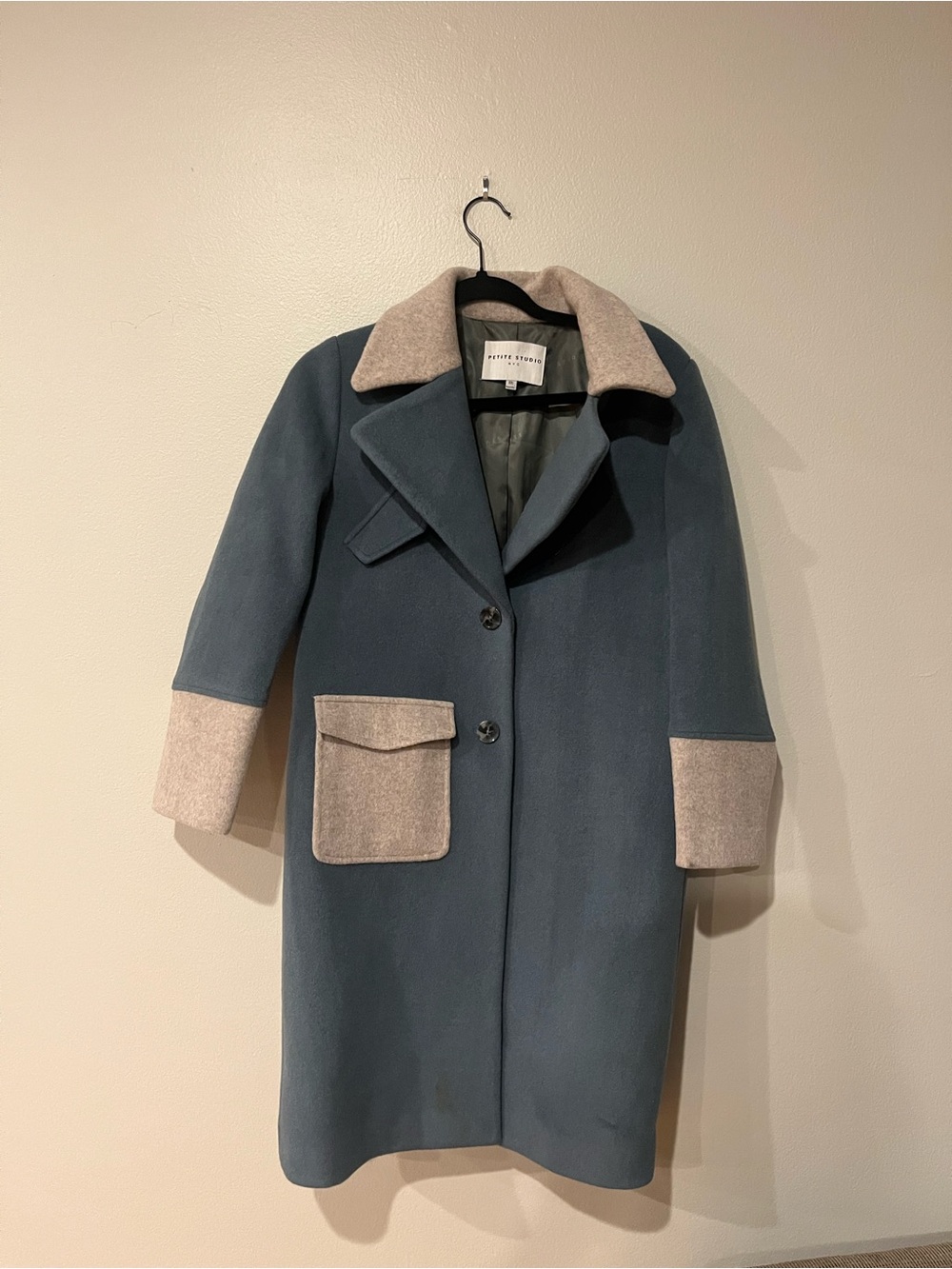 Petite Studio Two-Tone Pea Coat in Blue & Beige
